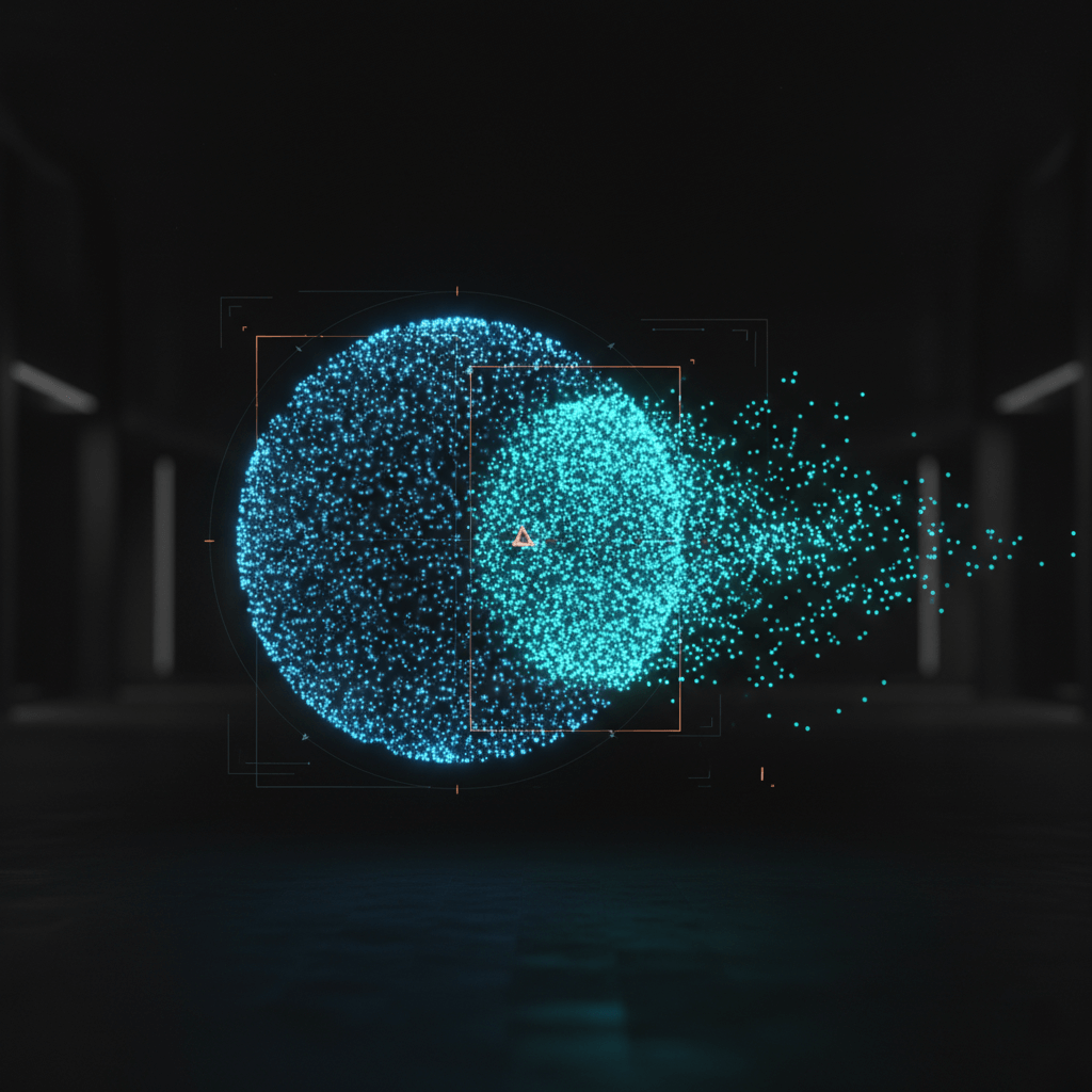 Holographic visualization of data drift, showing two overlapping clouds of particles where one has shifted away from the original reference distribution.