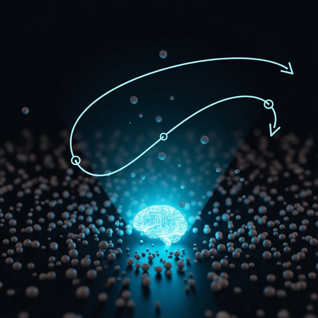 Abstract visualization of an AI imposing a pattern onto chaotic data points.