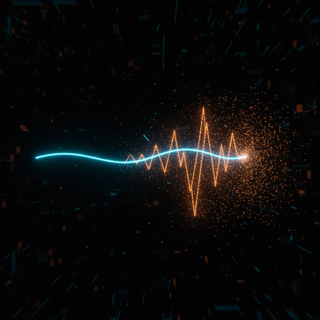 Abstract visualization of a machine learning model's performance degrading over time, showing a clean path diverging into a chaotic one.