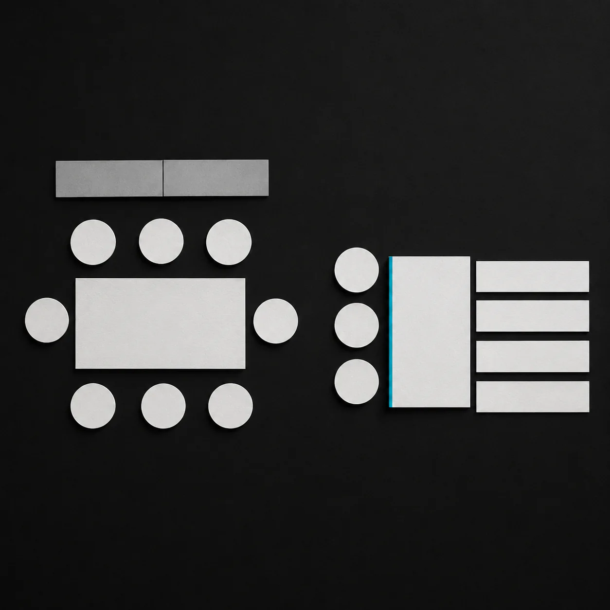 Minimal paper composition comparing eight people around a sprint board with three people sharing a specification that produces four parallel outputs.
