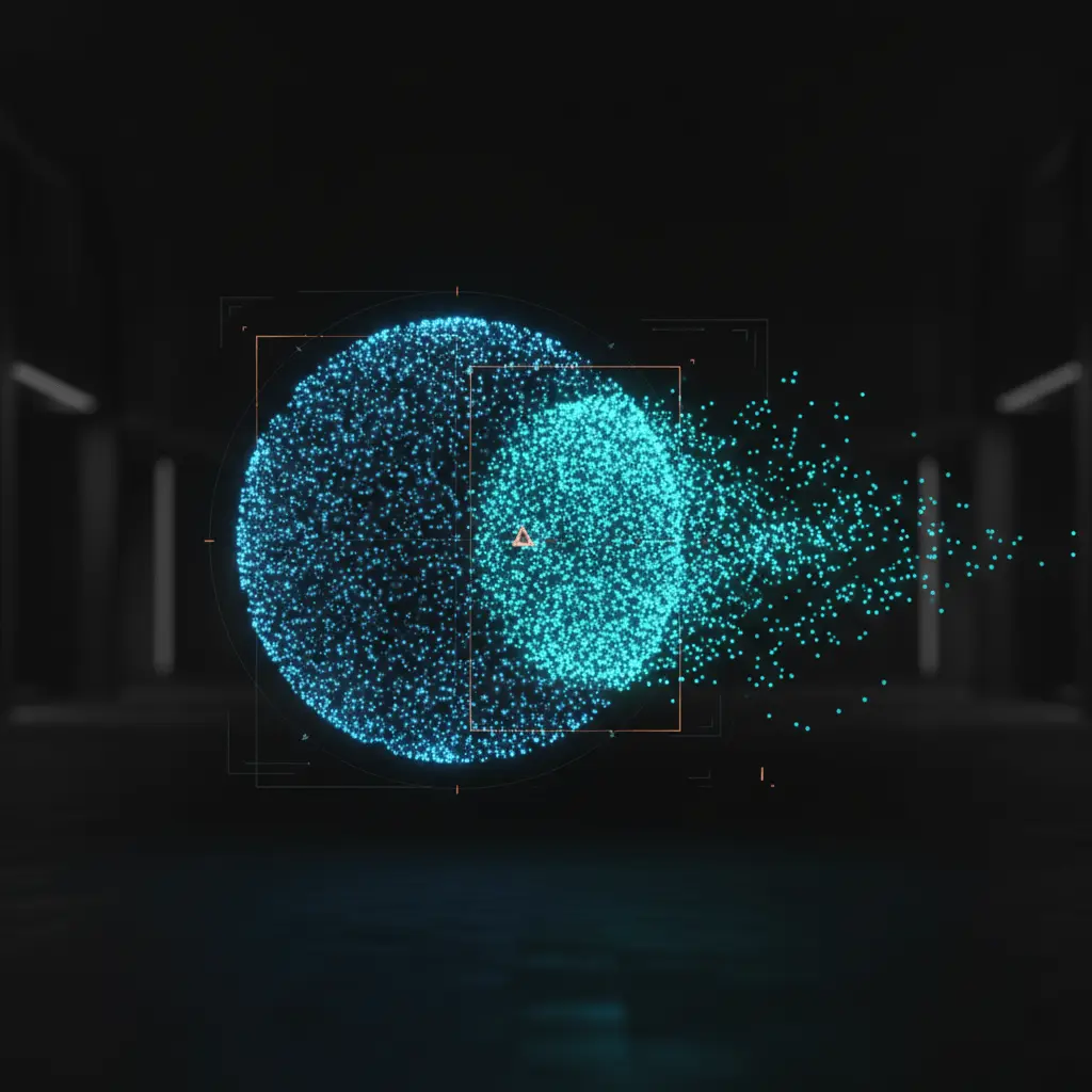 Holographic visualization of data drift, showing two overlapping clouds of particles where one has shifted away from the original reference distribution.