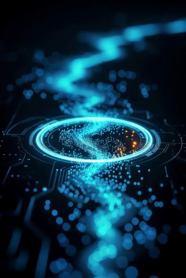 A futuristic MLOps pipeline showing a stream of data particles being scanned by a monitoring interface, which highlights anomalies.