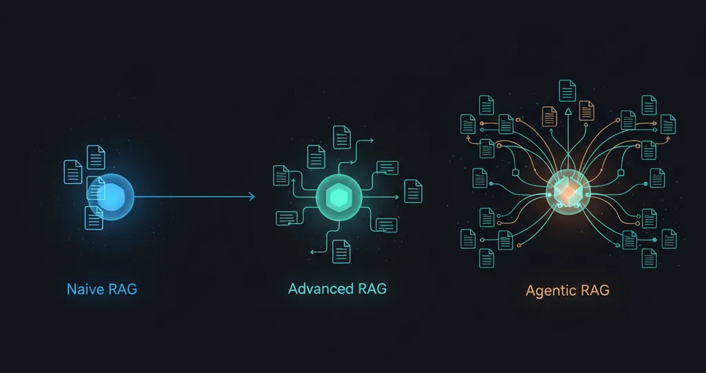 Diagram showing the evolution of RAG architectures from naive RAG through advanced RAG to agentic RAG, with increasing sophistication in retrieval strategies and reasoning capabilities at each stage.